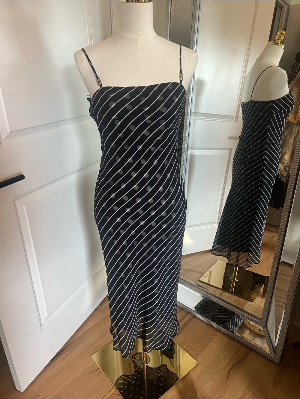 Les Copains Navy Diagonal Stripe Polka Dot Silk Slip Midi Dress